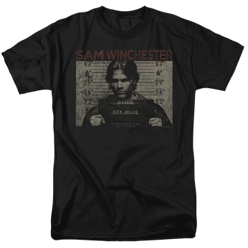 Black men's regular fit t-shirt with Supernatural Sam Mug Shot graphic