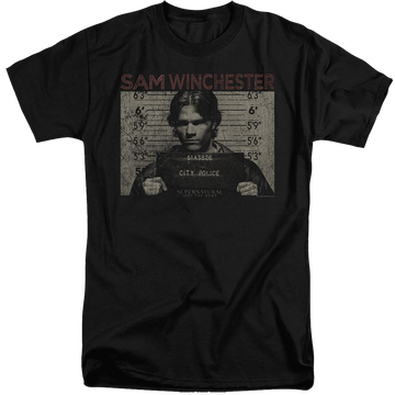 Black men's tall fit t-shirt with Supernatural Sam Mug Shot graphic
