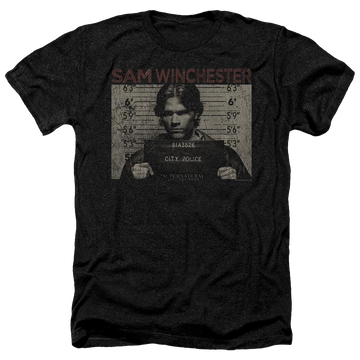 Charcoal men's heather t-shirt with Supernatural Sam Mug Shot graphic