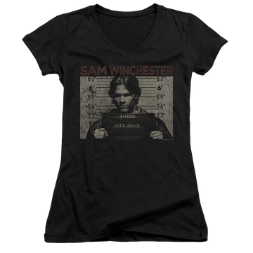 Supernatural Sam Mug Shot - Juniors V-Neck T-Shirt Juniors V-Neck T-Shirt Supernatural   