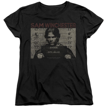 Black women's t-shirt with Supernatural Sam Mug Shot graphic
