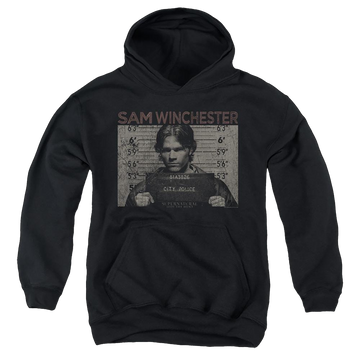 Black youth hoodie for ages 8 to 12 with Supernatural Sam Mug Shot graphic