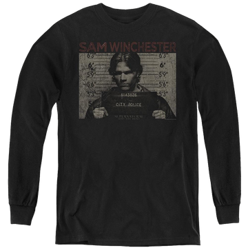 Black youth long sleeve t-shirt with Supernatural Sam Mug Shot graphic