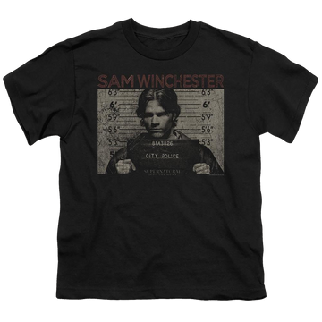 Black youth t-shirt for ages 8 to 12 with Supernatural Sam Mug Shot graphic
