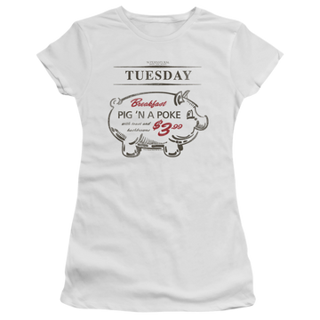 White juniors t-shirt with Supernatural Pig N Poke graphic