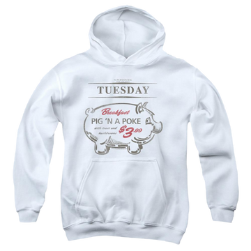 White youth hoodie for ages 8 to 12 with Supernatural Pig N Poke graphic