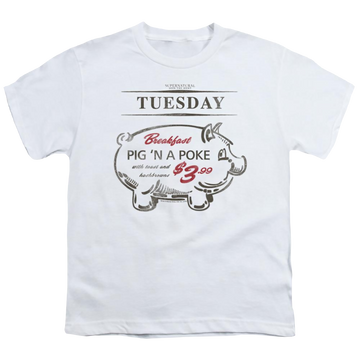 White youth t-shirt for ages 8 to 12 with Supernatural Pig N Poke graphic