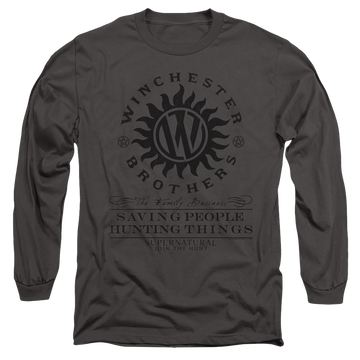 Charcoal men's long sleeve t-shirt with Supernatural Winchester Anti Possession graphic