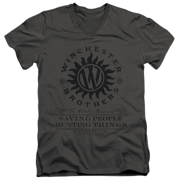 Charcoal men's v-neck t-shirt with Supernatural Winchester Anti Possession graphic
