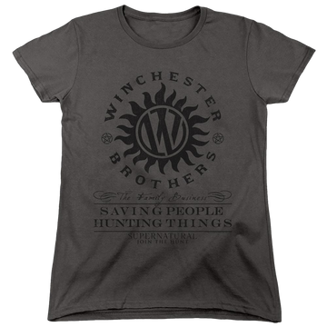 Black women's t-shirt with Supernatural Winchester Anti Possession graphic