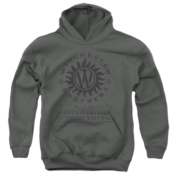 Charcoal youth hoodie for ages 8 to 12 with Supernatural Winchester Anti Possession graphic