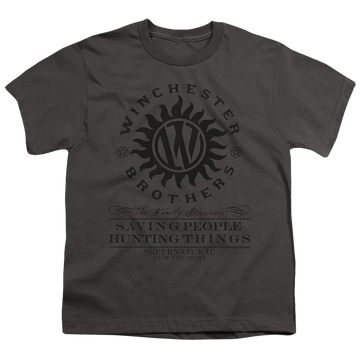 Charcoal youth t-shirt for ages 8 to 12 with Supernatural Winchester Anti Possession graphic