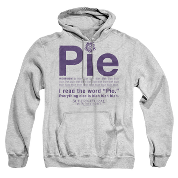 Athletic heather pullover hoodie with Supernatural Pie graphic