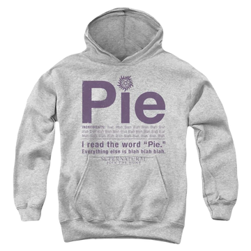 Athletic heather youth hoodie for ages 8 to 12 with Supernatural Pie graphic