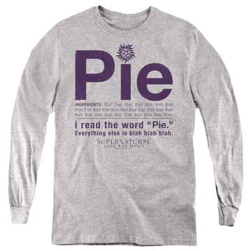 Athletic heather youth long sleeve t-shirt with Supernatural Pie graphic