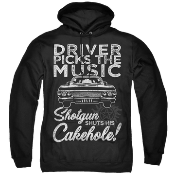 Black pullover hoodie with Supernatural Driver Picks Music graphic