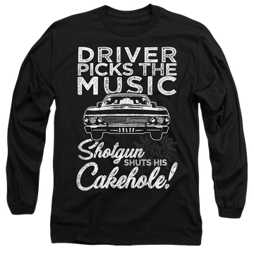 Black men's long sleeve t-shirt with Supernatural Driver Picks Music graphic