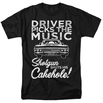 Black men's regular fit t-shirt with Supernatural Driver Picks Music graphic