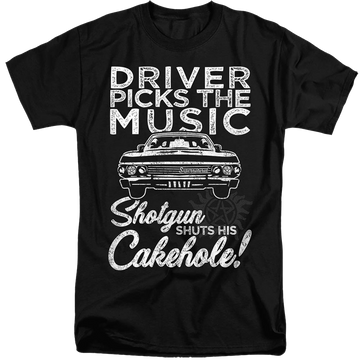 Black men's tall fit t-shirt with Supernatural Driver Picks Music graphic