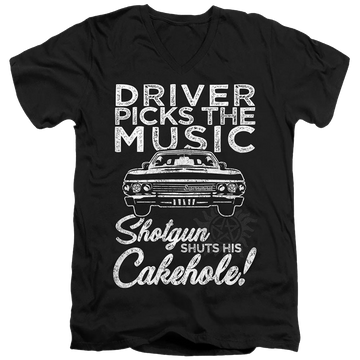 Black men's v-neck t-shirt with Supernatural Driver Picks Music graphic