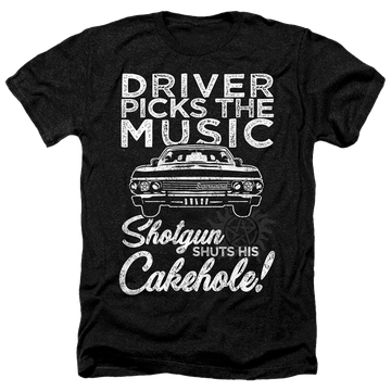 Charcoal men's heather t-shirt with Supernatural Driver Picks Music graphic
