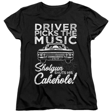 Black women's t-shirt with Supernatural Driver Picks Music graphic