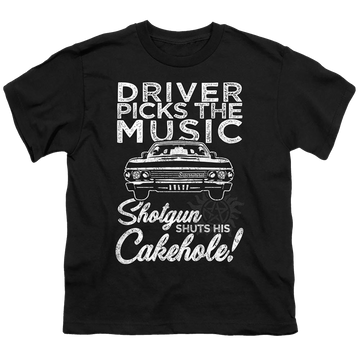 Black youth t-shirt for ages 8 to 12 with Supernatural Driver Picks Music graphic