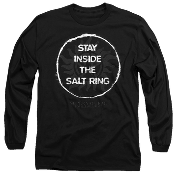 Black men's long sleeve t-shirt with Supernatural Stay Inside The Salt Ring graphic
