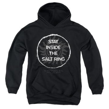 Black youth hoodie for ages 8 to 12 with Supernatural Stay Inside The Salt Ring graphic
