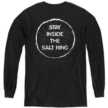 Black youth long sleeve t-shirt with Supernatural Stay Inside The Salt Ring graphic