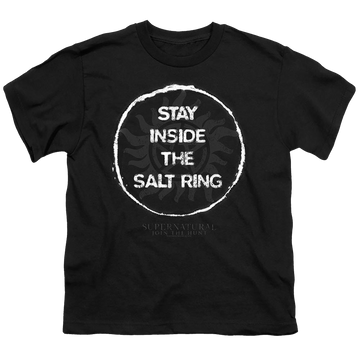 Black youth t-shirt for ages 8 to 12 with Supernatural Stay Inside The Salt Ring graphic