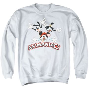 White men's crewneck sweatshirt with Animaniacs Trio graphic