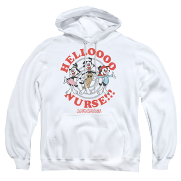 White pullover hoodie with Animaniacs Hello Nurse graphic