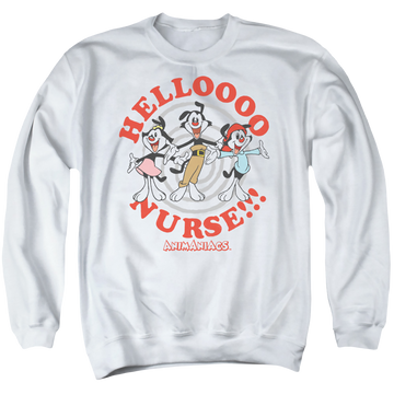 White men's crewneck sweatshirt with Animaniacs Hello Nurse graphic