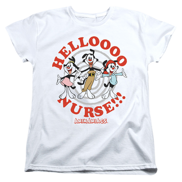 White women's t-shirt with Animaniacs Hello Nurse graphic