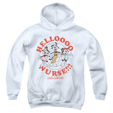 White youth hoodie for ages 8 to 12 with Animaniacs Hello Nurse graphic