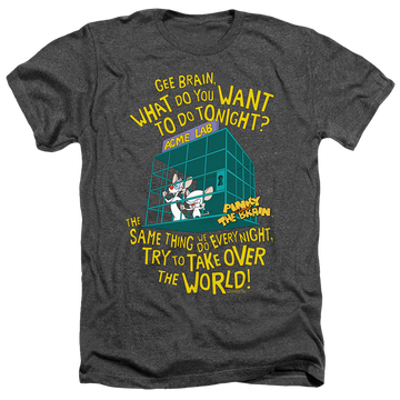 Charcoal men's heather t-shirt with Pinky and The Brain The World graphic