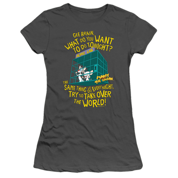 Charcoal juniors t-shirt with Pinky and The Brain The World graphic