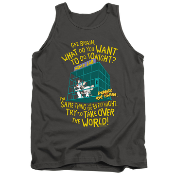 Charcoal men's tank with Pinky and The Brain The World graphic