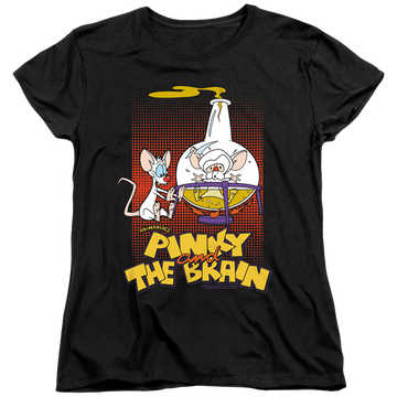 Black women's t-shirt with Pinky and The Brain Lab Flask graphic