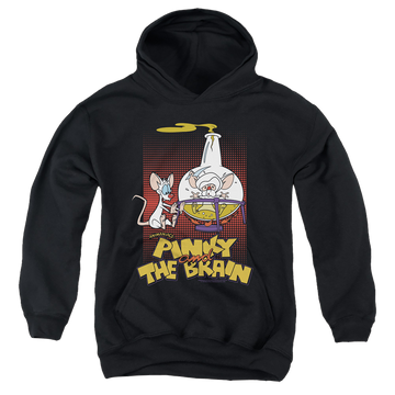 Black youth hoodie for ages 8 to 12 with Pinky and The Brain Lab Flask graphic