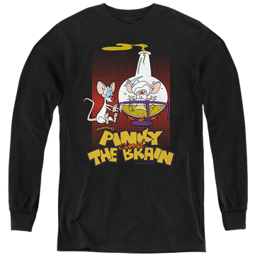 Black youth long sleeve t-shirt with Pinky and The Brain Lab Flask graphic