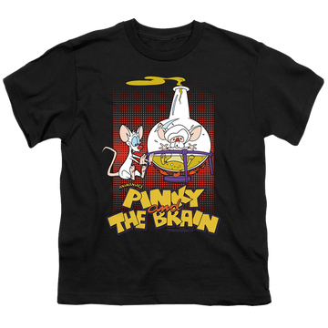 Black youth t-shirt for ages 8 to 12 with Pinky and The Brain Lab Flask graphic