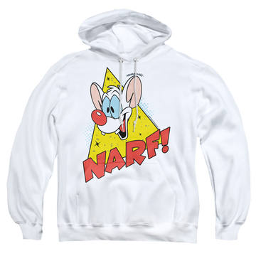 White pullover hoodie with Pinky and The Brain Narf graphic