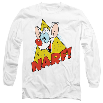 White men's long sleeve t-shirt with Pinky and The Brain Narf graphic