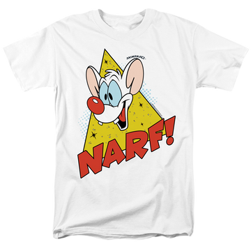 White men's regular fit t-shirt with Pinky and The Brain Narf graphic