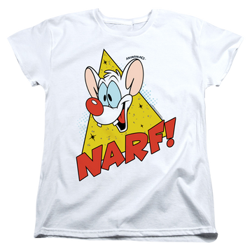 White women's t-shirt with Pinky and The Brain Narf graphic