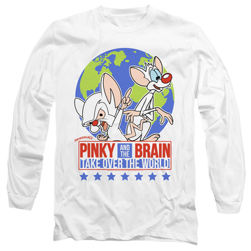 White men's long sleeve t-shirt with Pinky and The Brain Campaign graphic