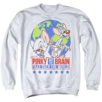 White men's crewneck sweatshirt with Pinky and The Brain Campaign graphic