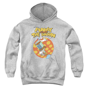 Athletic heather youth hoodie for ages 8 to 12 with Pinky and The Brain Soda graphic